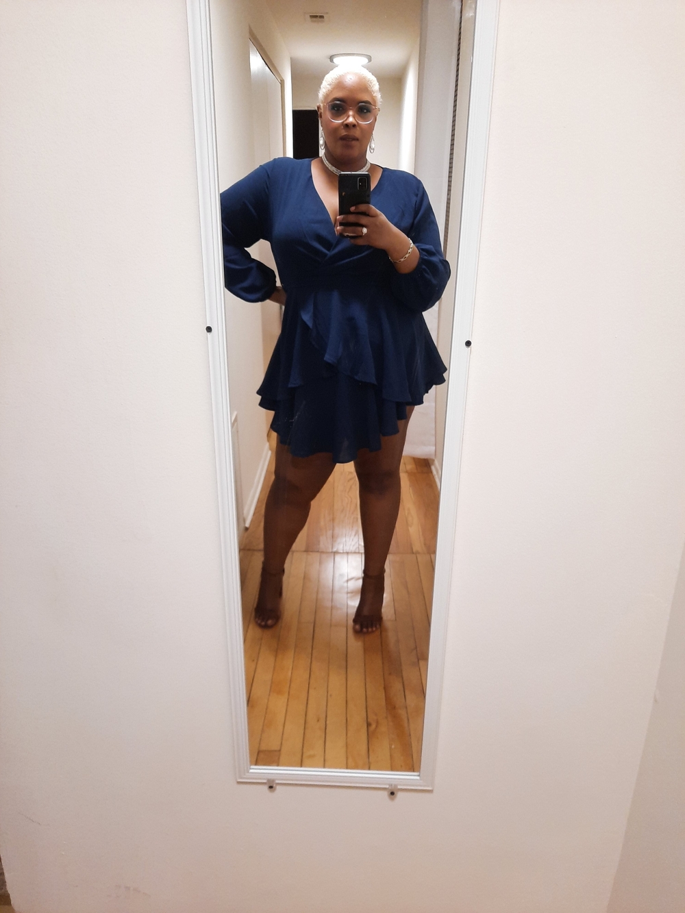 Women’s Navy Blue V-Neck Ruffle Mini Dress